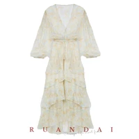 printed bubble five point sleeve a line dress for ruandai 2022 summer new french v neck ruffle cake irregular dresses women