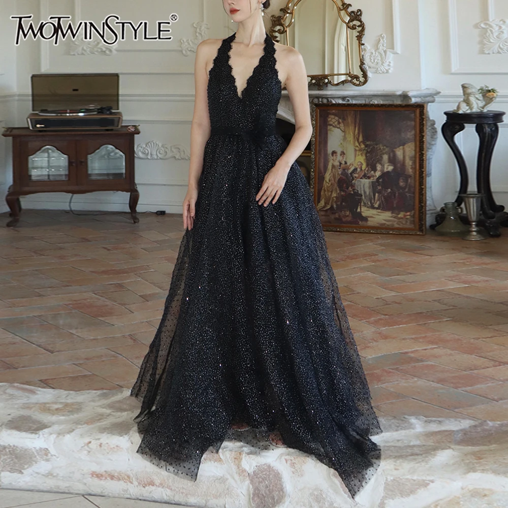 TWOTWINSTYLE однотонные утягивающие платья с бриллиантами для женщин v-образным