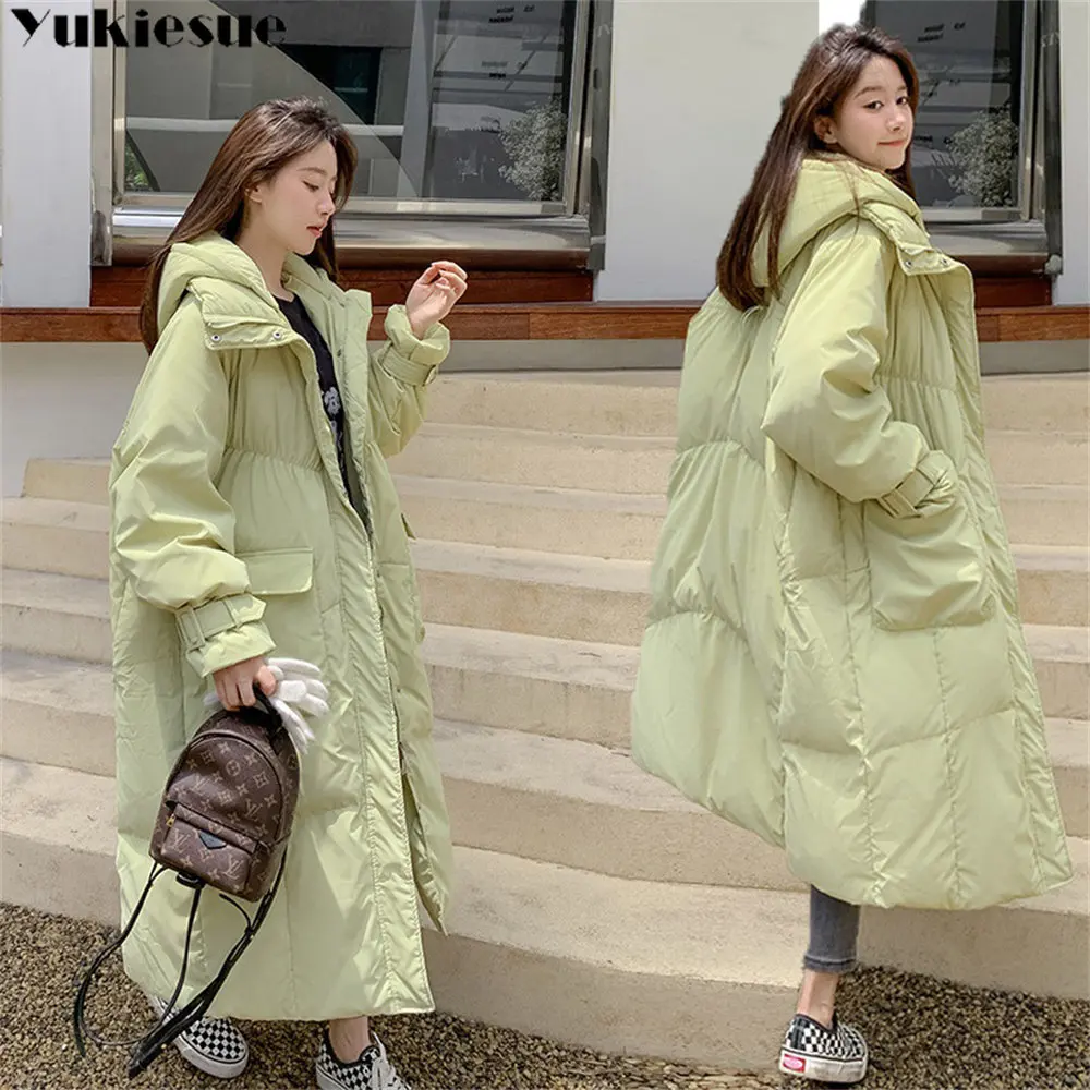 2022 New Fashion Winter Long Sleeve Warm Jacket Women Loose Female Outwear Women Stand Collar Hooded Mid Length Down CottonParka