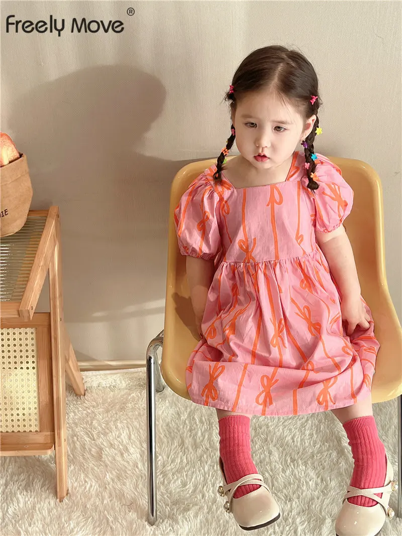 

2023 Summer Toddler Girl Dress Short Sleeve Bow Print Children Dress Kids Sundress Sweet Dress Children Girls Clothing