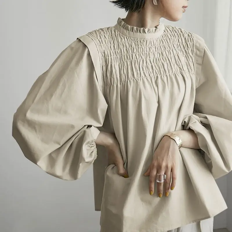 

Осенне-весенняя однотонная блузка VONDA, Женская Объемная блузка с длинным рукавом и ложным воротником, в складку, женская уличная одежда