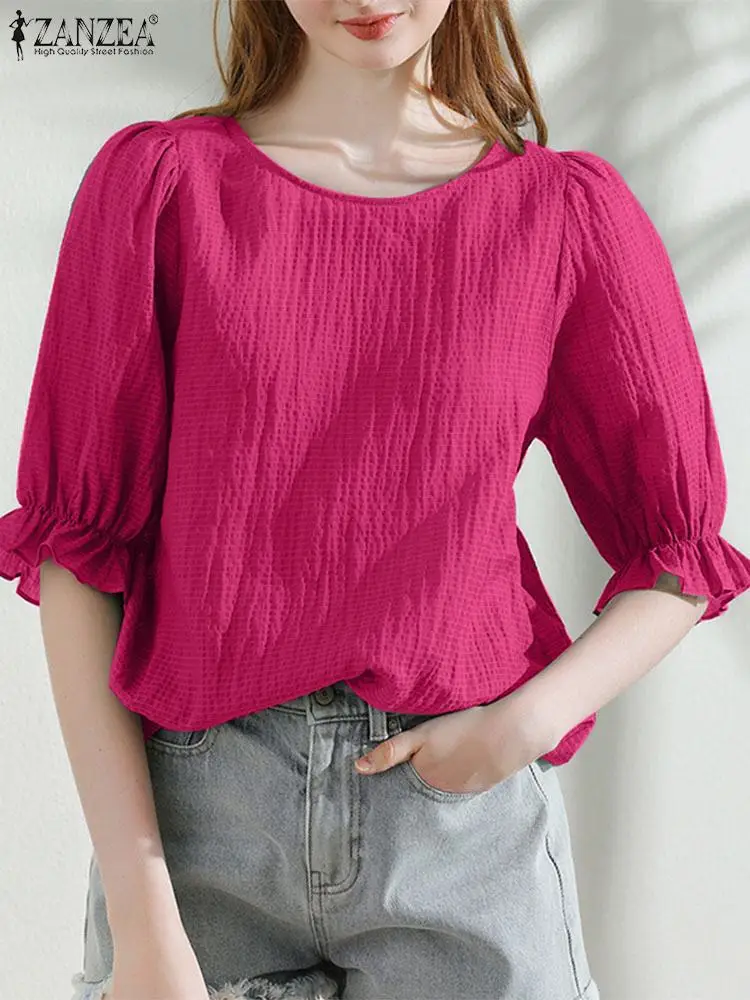 Летняя элегантная рубашка ZANZEA Женская однотонная плиссированная блузка модные