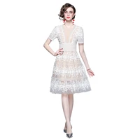simgent embroidery dress 2022 summer women mesh elegant slim knee length short sleeve a line dresses vestidos jurk sg25204