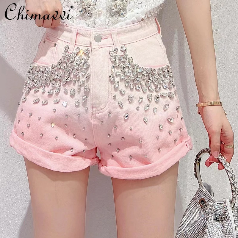 

Women's 2022 Summer New Korean Style Fashion Sweet Denim Shorts Ladies Fairy Luxury Rhinestone High Waist Slimming Hot Pants