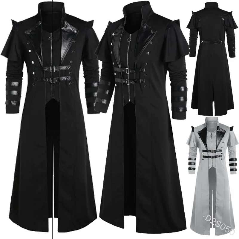 

Medieval Anime Cosplay Costumes Men's Clothing Vintage Black Long Jacket Gothic Steampunk Punk Trench Noble Knight Clothes 5XL