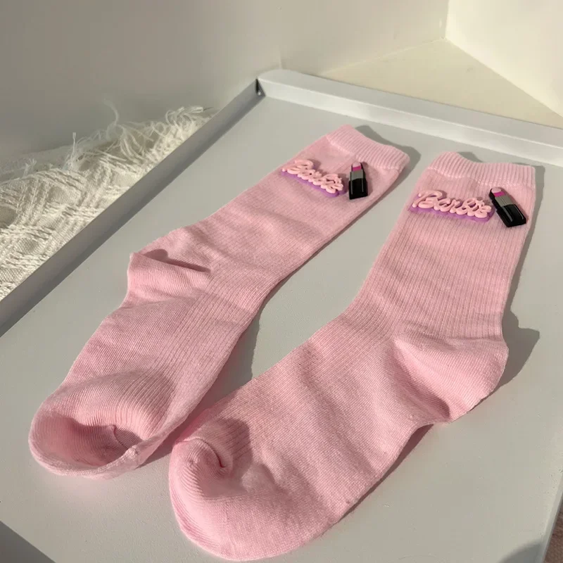 Носки Barbie Crew для девочек кавайные вязаные чулки до середины икры с розовым