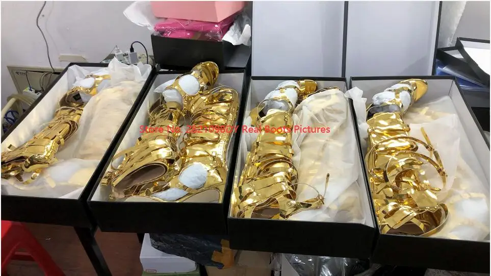 Big Size 10 Cheap Price Hottest Gold Silver Patent Leather Gladiator Sandals Boots For Women Cut-out Knee High Sandals Boots