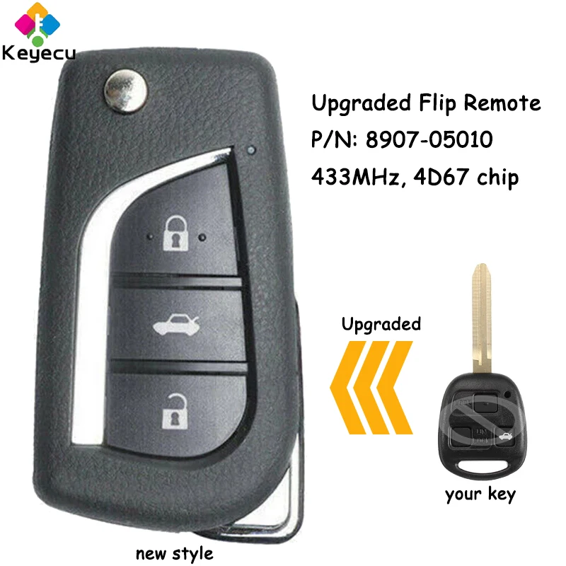 

KEYECU Upgraded Flip Remote Car Key With 3 Buttons 433MHz 4D67 Chip for Toyota Avensis 2003 - 2006 2007 2008 Fob P/N: 8907-05010