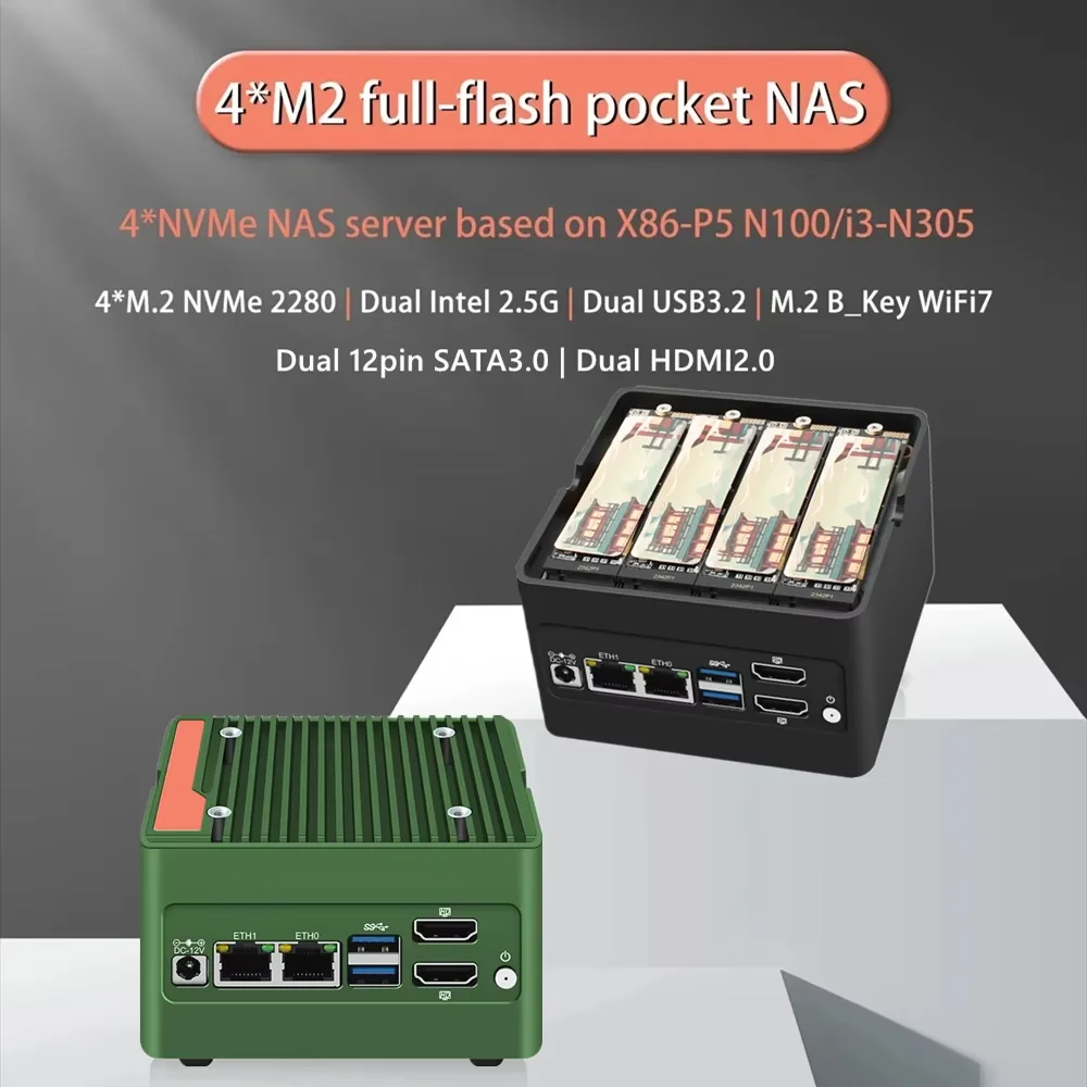 Фото Topton 6-дисковый карманный NAS-сервер Intel i3 N305 N100 N150, мини-ПК с функцией фаервола, 2x2.5G LAN, 4xM.2 NVMe, 2xSATA3.0, DDR5, 2xUSB3.2, 2xHDMI2.0 №2