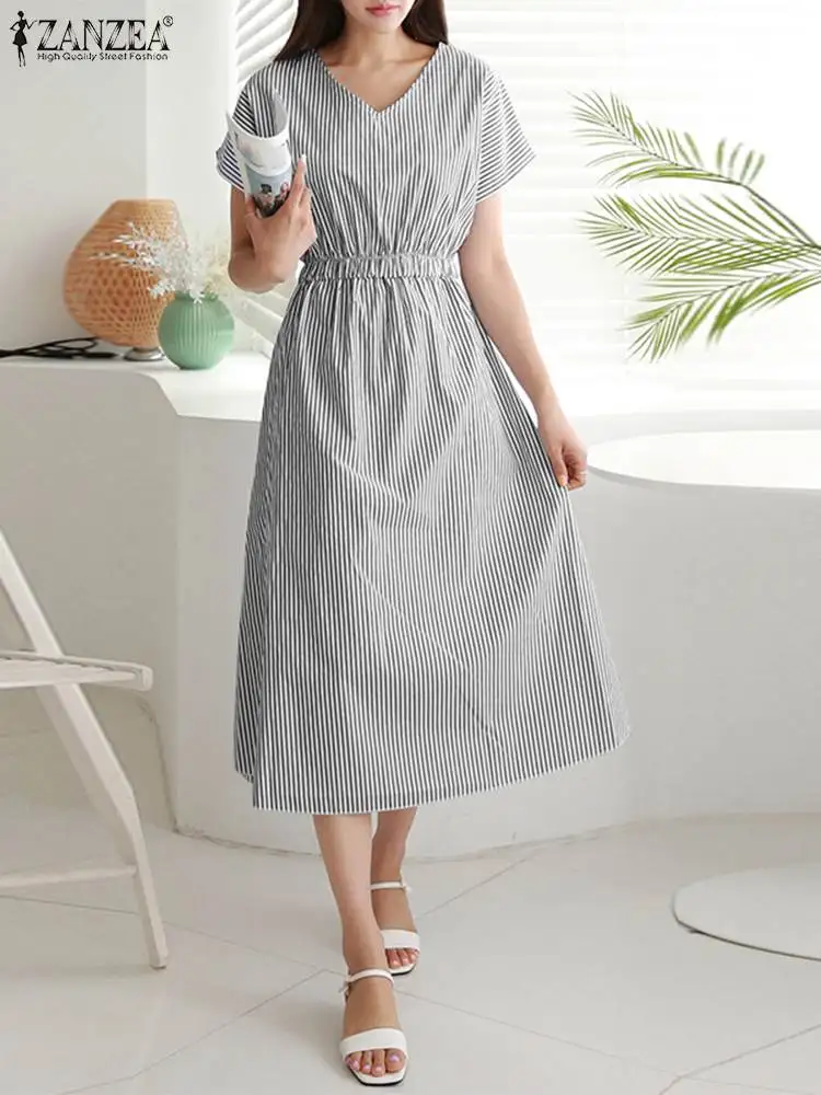 

ZANZEA Elegant OL Work Striped Sundress Fashion Women Summer V Neck Short Sleeve Midi Dress Vestido Robe Femme Casual Dresses