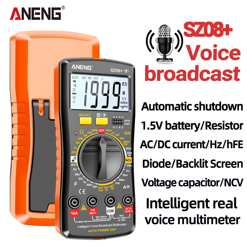 

ANENG SZ08+ Intelligent Voice Broadcasting Multimeter AC/DC Current Meter Hz hEF Capacitance Meter Professional Electrician Tool