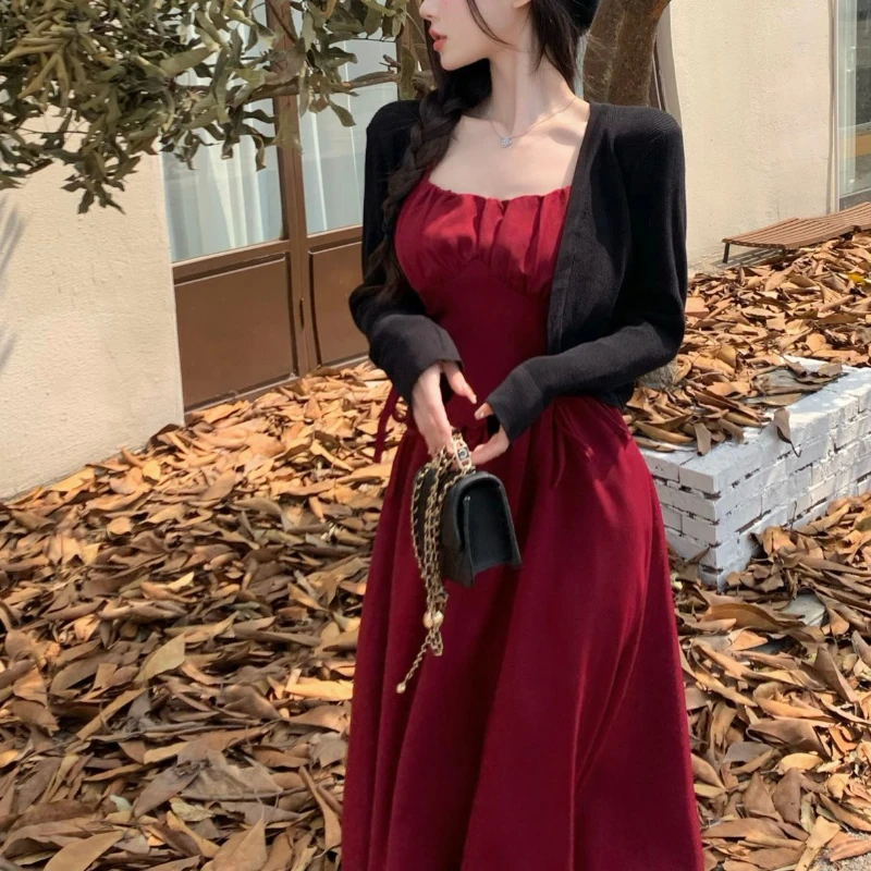 

2Piece Sets Womens Outifits Autumn Long Sleeve Open Stitch Coat+Spaghetti Strap Sexy Elastic High Waist Dresses Woman Dress Set