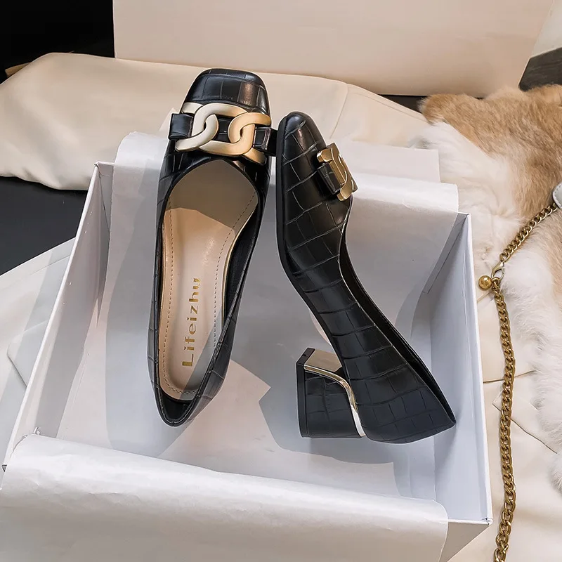 2022 Spring New Metal Buckle Stone Pattern Square Toe Shallow Mouth Single Shoes Medium Thick Heel High Heels Casual Shoes