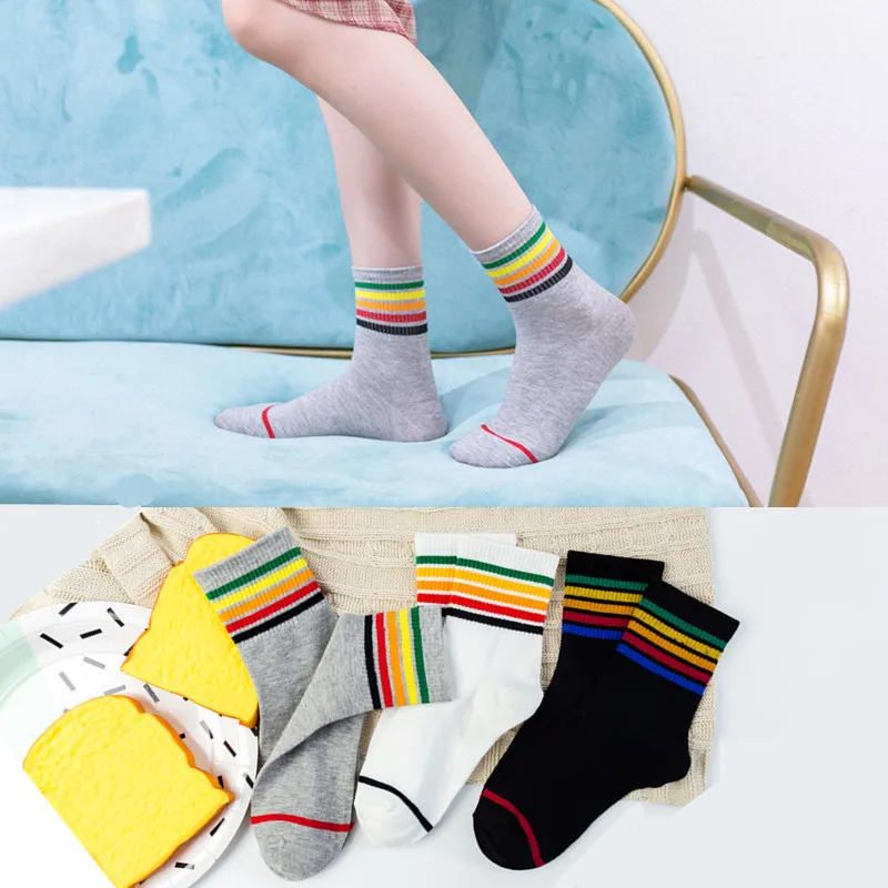 

Rainbow striped cotton socks Trendy wild women Leisure Breathable comfort and sweat harajuku funny calcetines art warm sock sox