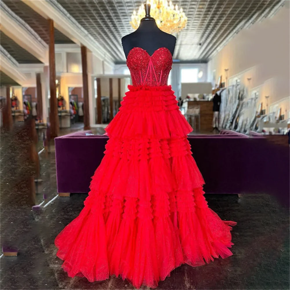 

Lily Sparkly Fuchsia Prom Dress Tiered Corset Celebrity Dresses Women's Evening Dress Lace Tulle Long Layer Formal Gown 프롬 드레스