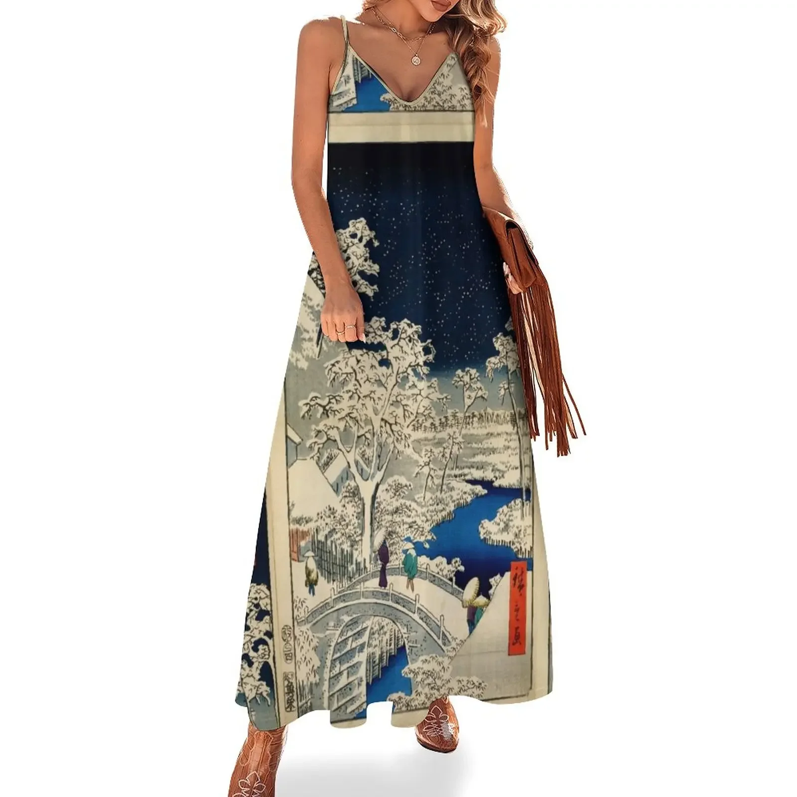 Ukiyo-e Ando Hiroshige Yuhi Hill and the Drum Bridge в Meguro (1856- 1858) Платье без рукавов Роскошное платье