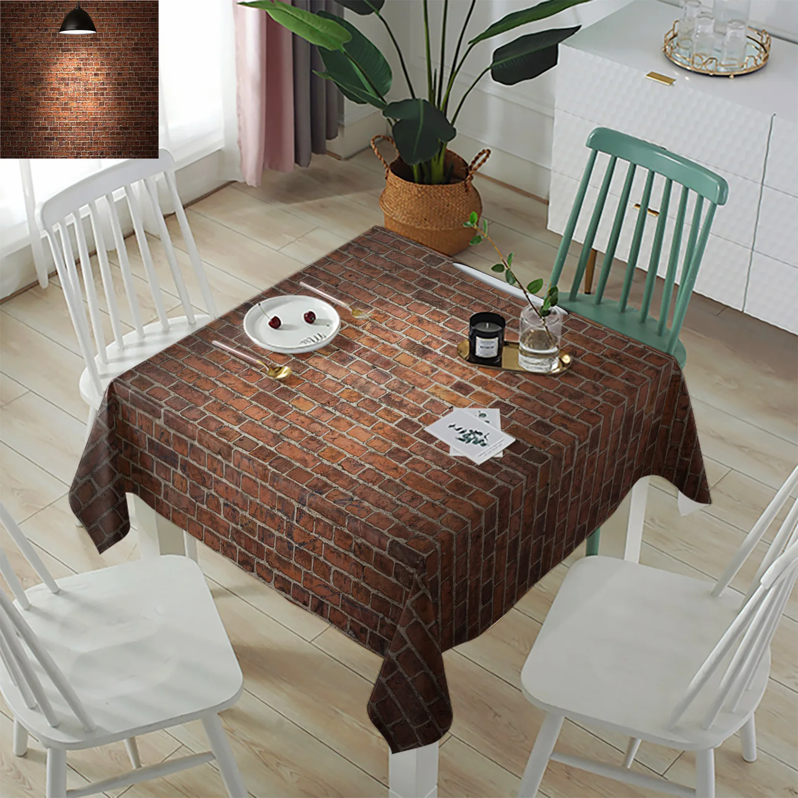 Ковер для стола с красной кирпичной стеной на заднем плане для декорирования кухонного стола на свадьбах и дома с эластичными стульями.