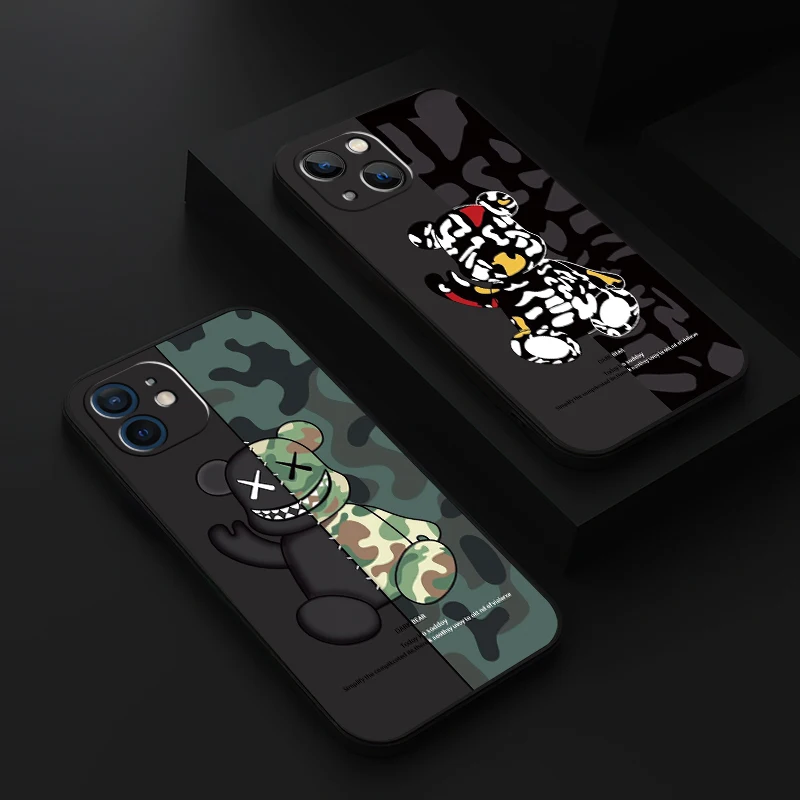 

luxury Cartoon Army Bear For Apple iPhone 13 12 11 Pro Max Mini X XR XS Max 6 6S 7 8 Plus Phone Case liquid silicone funda coque