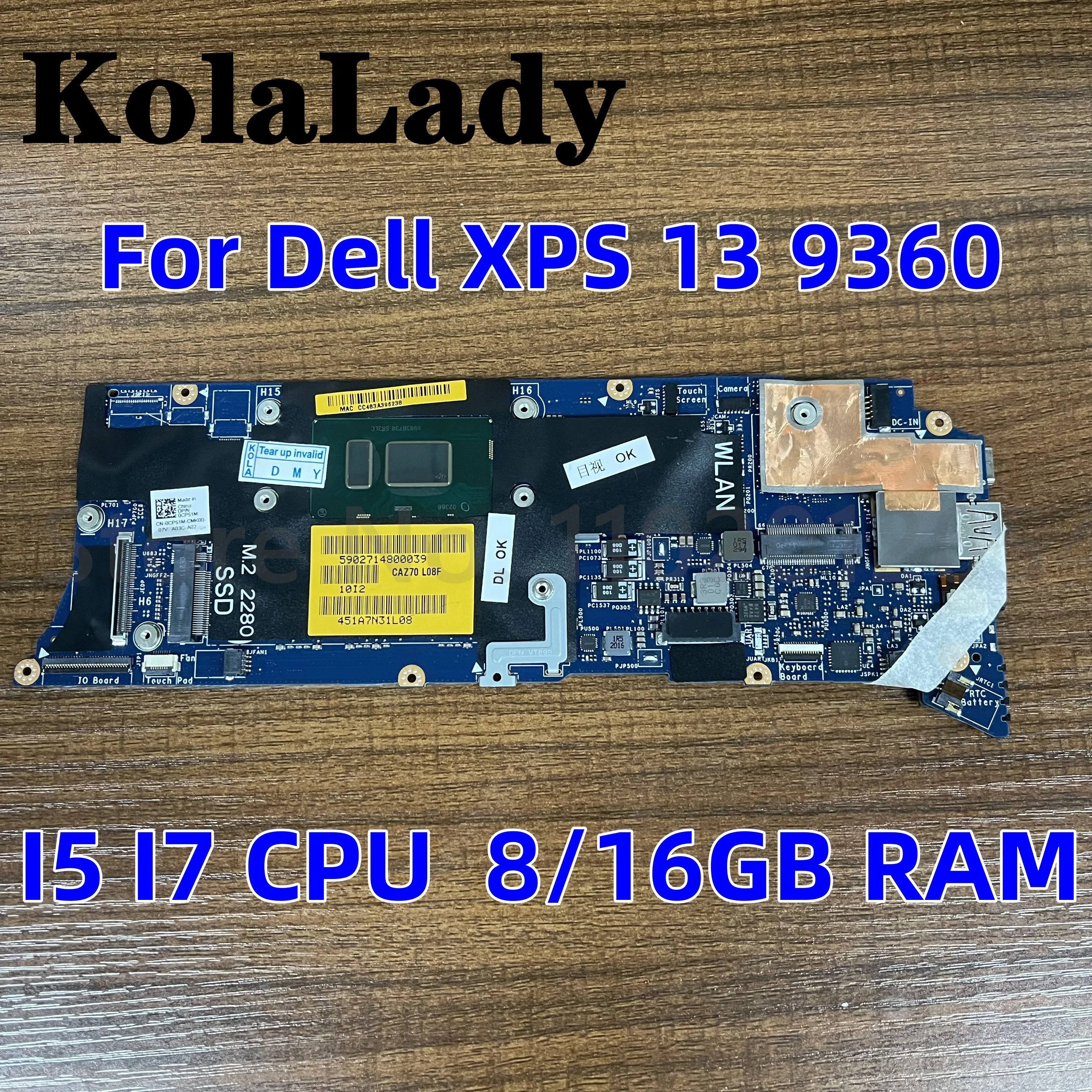 

Материнская плата для ноутбука Dell XPS 13 9360, 100% дюйма, с процессором I5 I7, 8/16 ГБ ОЗУ, полностью протестирована