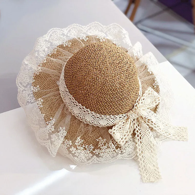 

Kids Girls Beach Hats New Fashion Summer Lace Flowers Caps Breathable Straw Hat Elegant Princess Travel Sunhat Baby Bonnet