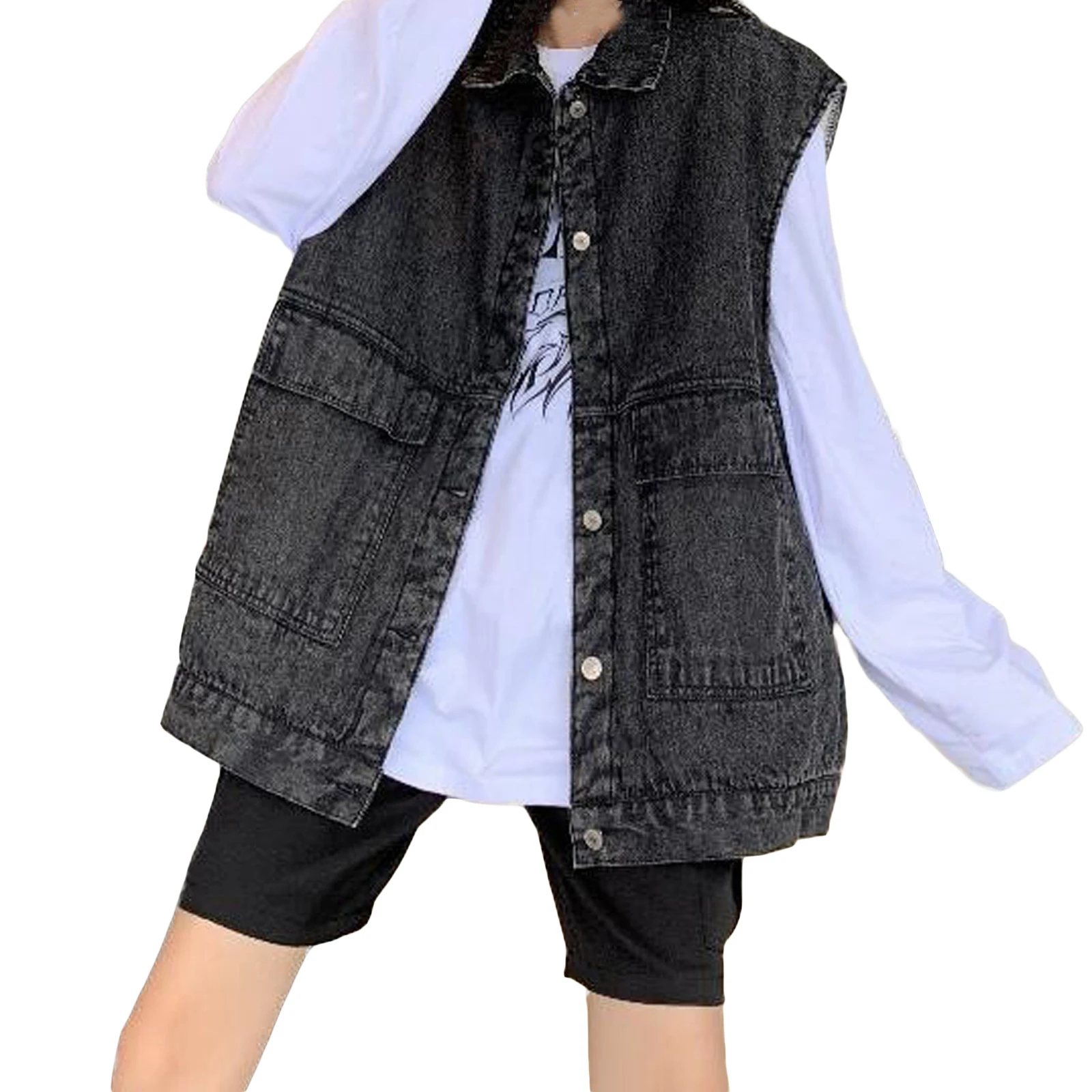 

Women's Autumn Winter Denim Gilets Solid Color Lapel Button Down Vest with Pockets