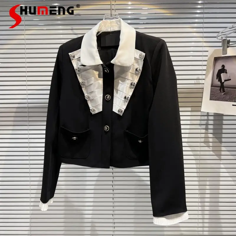 

2022 Spring New Women's Jacket Particle Rhinestone Neckline Black and White Contrast Color Elegant Business Suit Short Coat