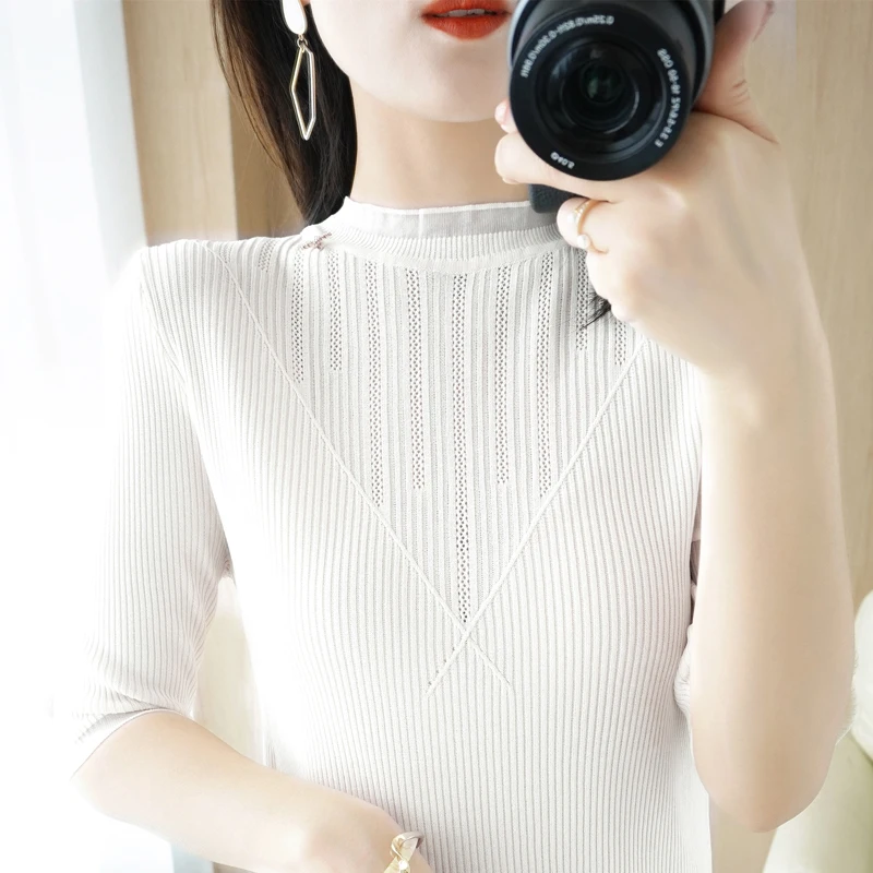 

Knitted Short Sleeve T-Shirt Hollow Spring Summer Korean Women's Casual Solid Color Knitted Ice Silk Elegant Fashion Pullover