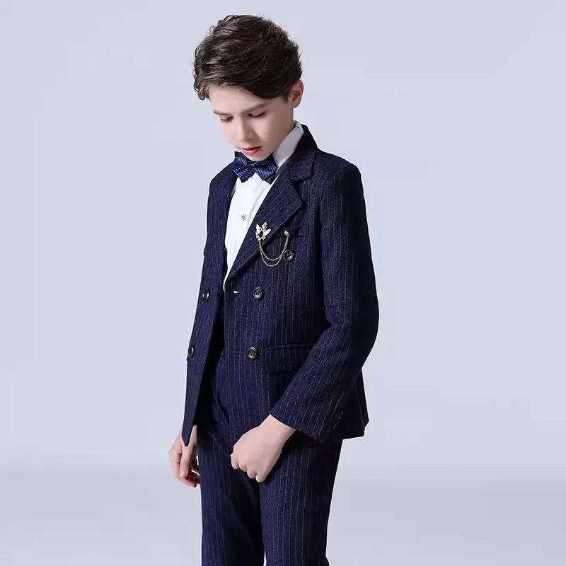 Детский двубортный пиджак в синюю полоску жилет и брюки платье-смокинг для