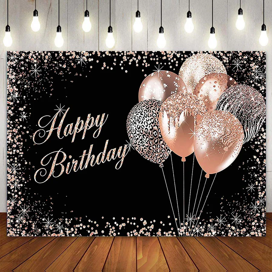 

Happy Birthday Party Banner Photo Photography Backdrop Rose Gold Dots Silver Background Balloon Glitter Sequin for Girl Women