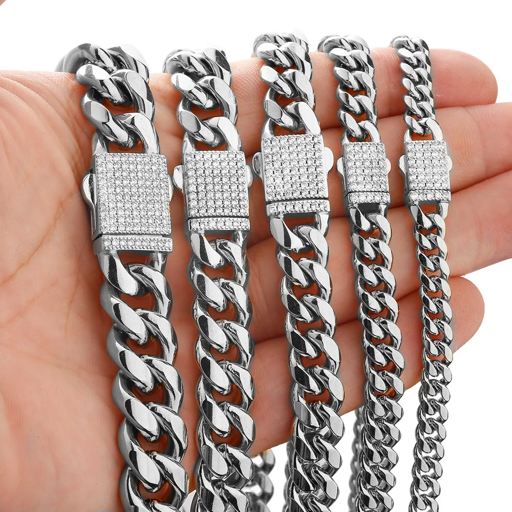 

6/8/10/12/14mm Wide Silver Color 316L Stainless Steel Curb Cuban Link Chain Miami Necklace Jewelry for Men Women