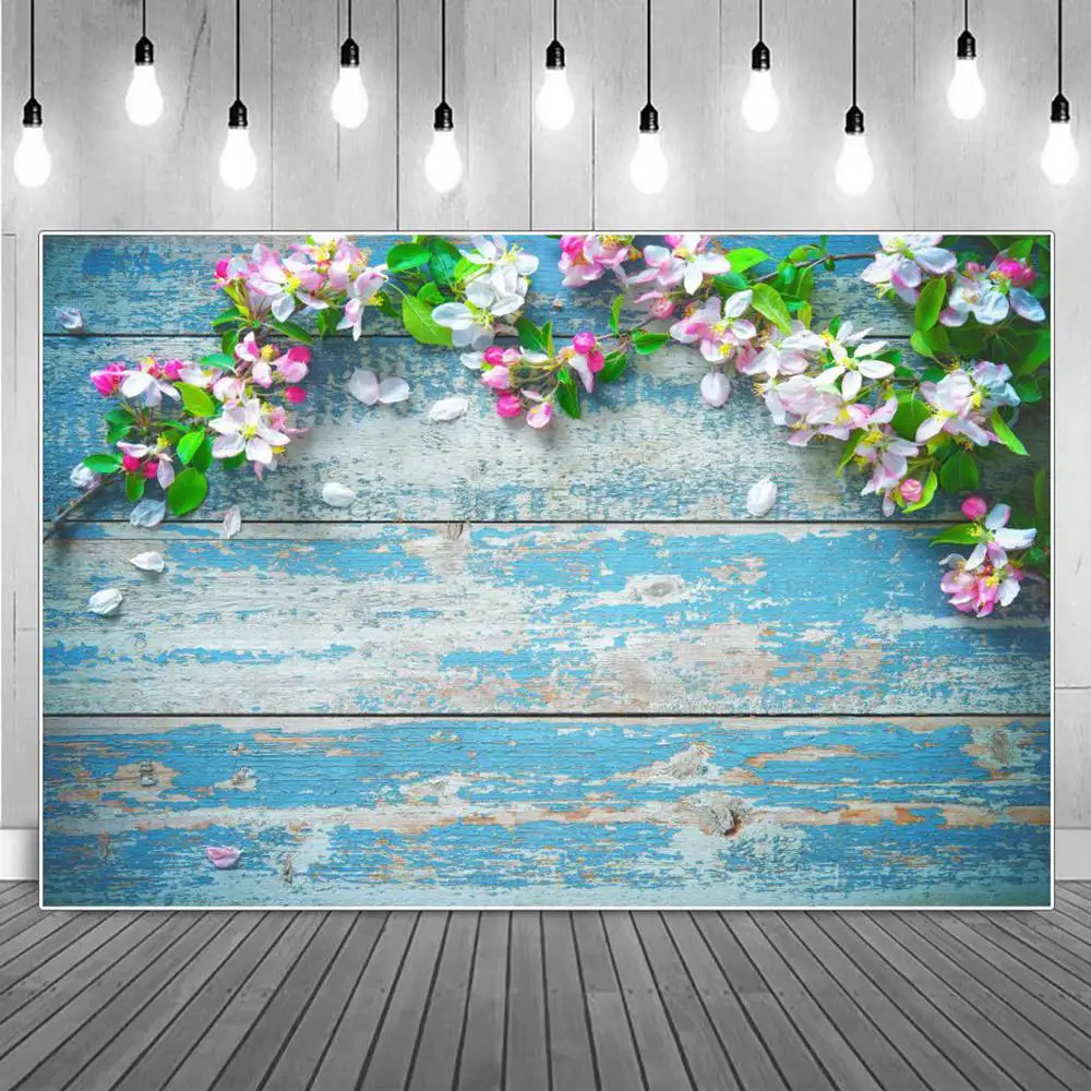 

Blue Faded Plank Flowers Begonia Photography Backdrops Home Studio Wooden Board Self Portrait Party Decoration Photo Backgrounds