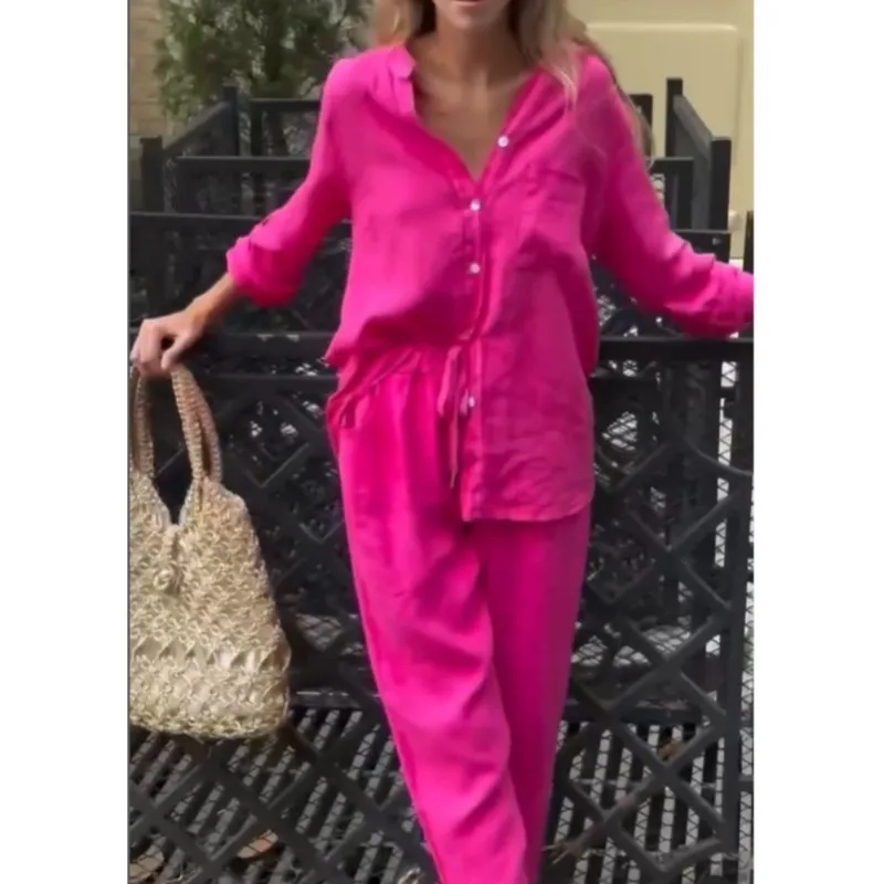 Повседневная однобортная рубашка с воротником-стойкой длинные брюки комплект из