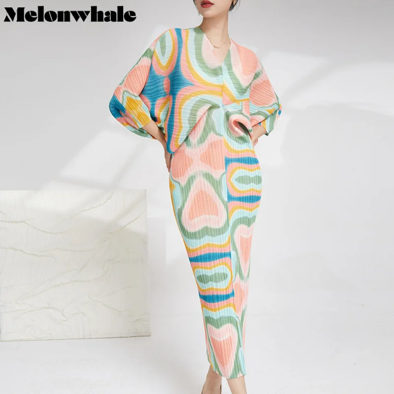 

MelonWhale Printed Sweet Oversized Pleated Dress for Women V-neck Loose Long Batwing Sleeves 2023 Summer New Clothing Elegant
