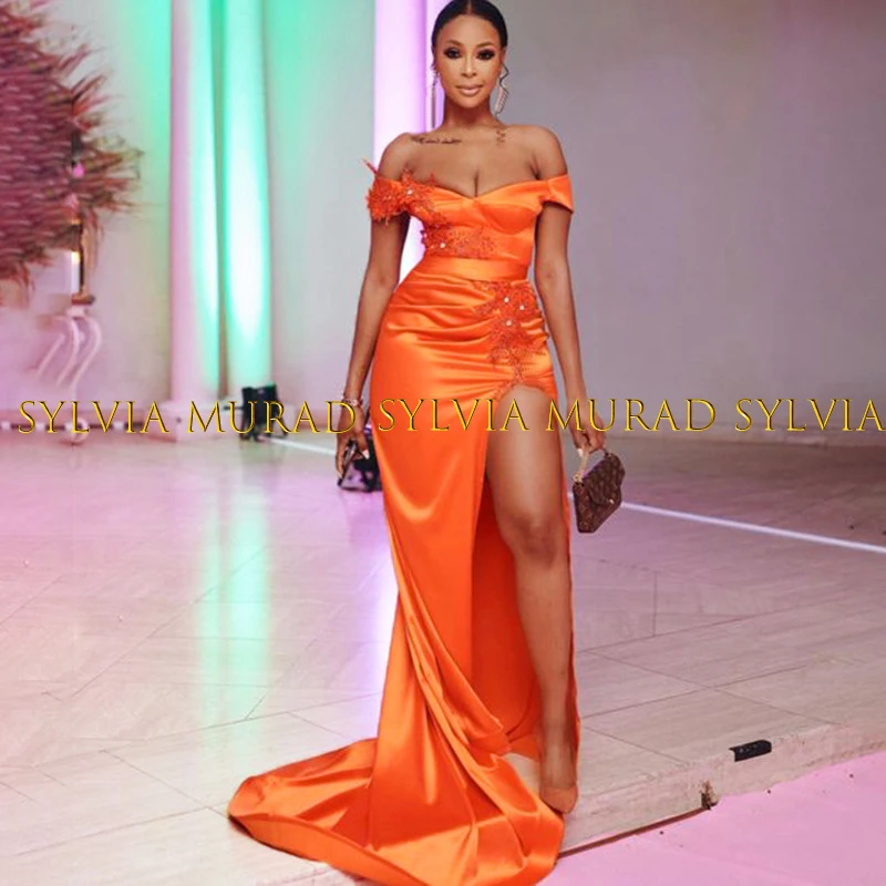 

Женское вечернее платье с цветочной аппликацией, длинное оранжевое платье-футляр с открытыми плечами и высоким разрезом, платье для выпускного вечера