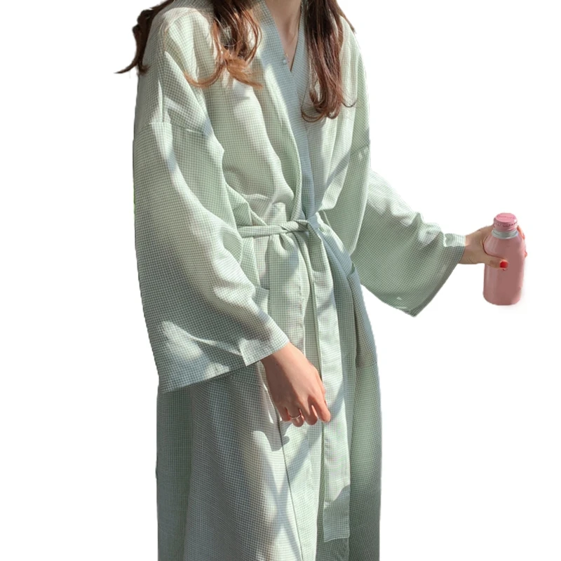 Women Long Sleeve Kimono Robe with Pockets V-Neck Open Front Belted Long Bathrobe Small Plaid Print Loose Nightgown 37JB