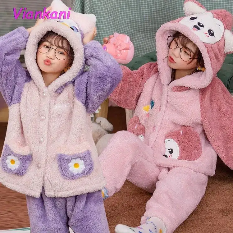 

Kids Girl Pajamas Set 2021Winter Warm Thickened Baby Sleep Wear Flannel Cartoon Girls' Pajamas 3-15Y Children's Homewear Clothes