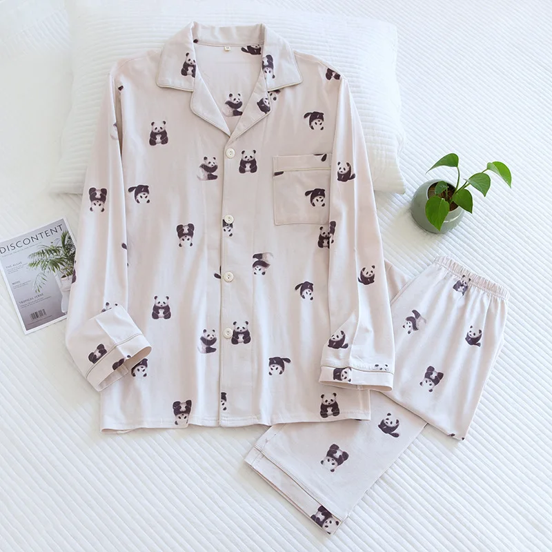 Panda Patterns 100% Cotton Knitted Women's Pajamas Set Home Wear Pajamas For Girls Sleepwear Loungewear Winter Pijama Pyjamas