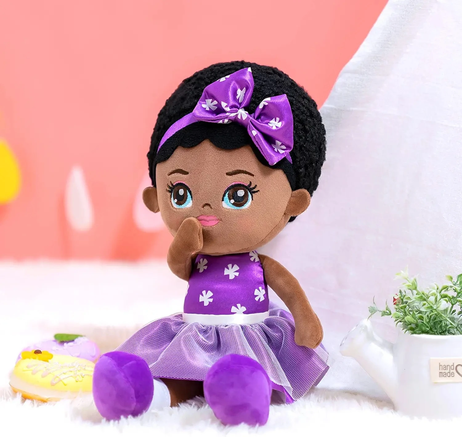 OUOZZZ 35cm Plush Baby Doll African American Doll Kawaii Deep Skin Tone Stuffed Ragdoll For Girls Kids Cute Plush Toy Dolls Gift