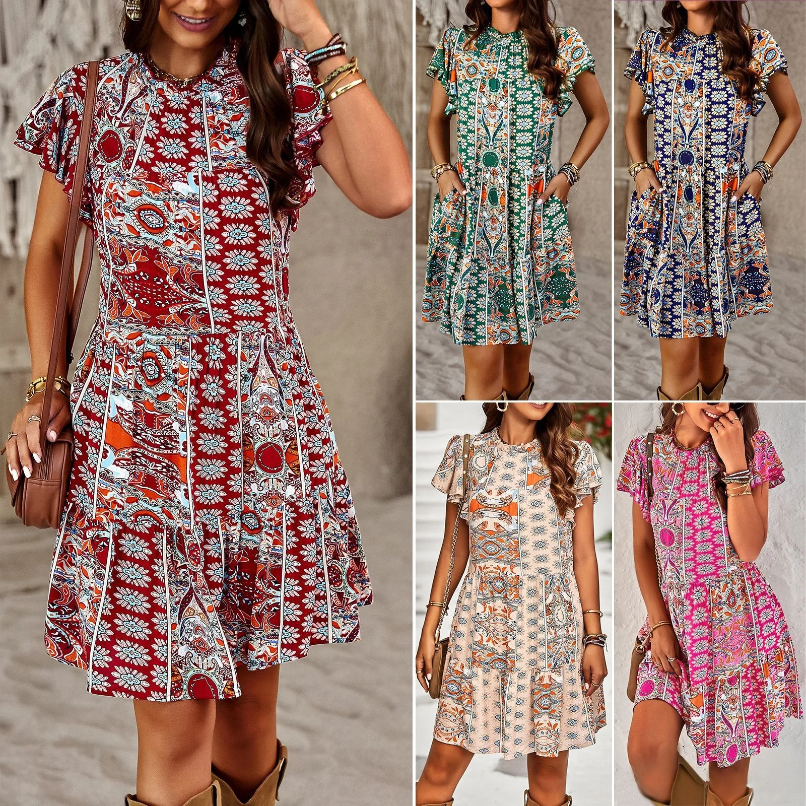 

2023Casual print elegant dress, the Bohemian holiday dress for the US station. Spring/Summer Fing Sleeves A Skirt