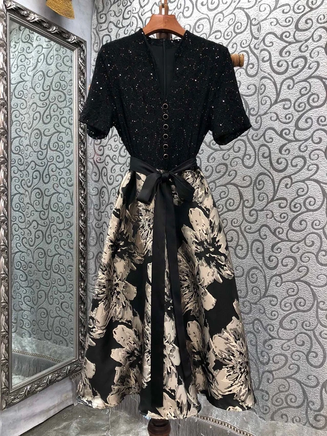 2023 new women fashion short-sleeved V-neck heavy industry sparkling decorative lace-up knotted waist embroidered dress 0602