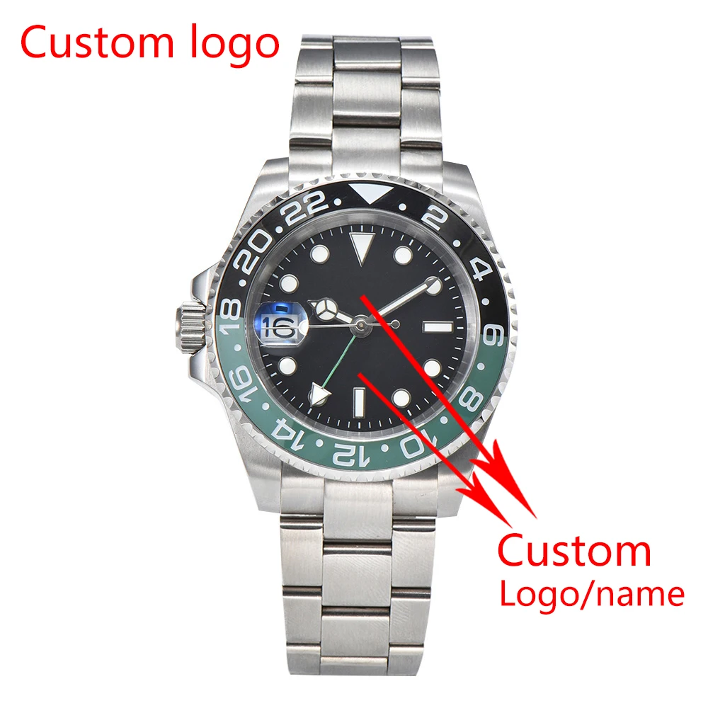 

Мужские механические часы NH34 GMT с логотипом на заказ, левая Корона 40 мм, движение сапфировое стекло, нержавеющая сталь, браслет-устрица