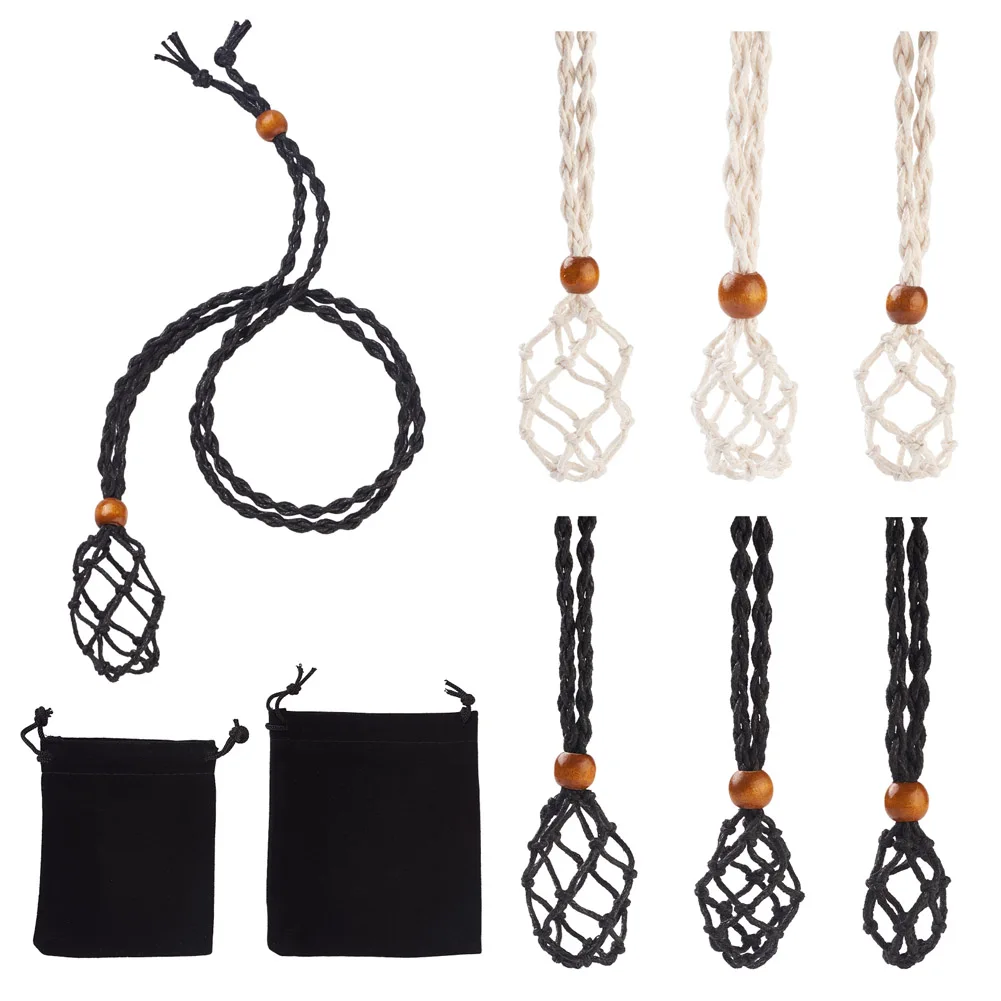 6Pcs Adjustable Braided Waxed Cord Empty Stone Holder Wax Rope Quartz Crystal Net Bag with Macrame Pouch Pendant Necklace Making