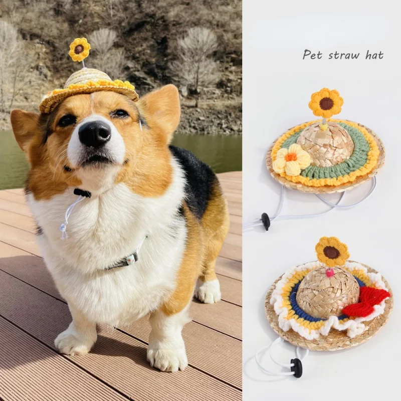 

Pet Knitted Straw Hat Fashion Cute Flower Knitted Hat Summer Adjustable Sun Hat for Dogs Cats Rabbit Dog Costumes Dog Cap