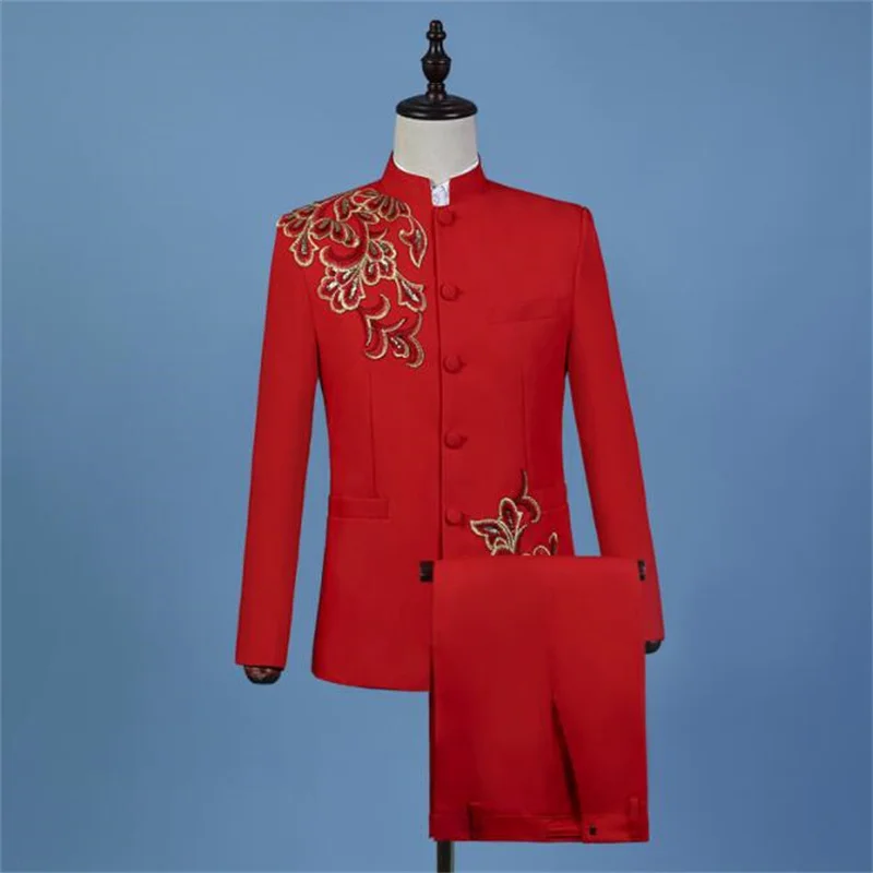 Chinese style red embroidery blazer men groom suit set with pants mens chinese tunic suit costume singer stage red formal dress