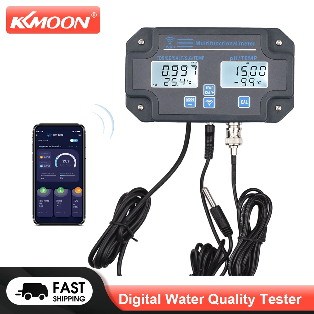 

KKmoon WiFi Digital Water Quality Tester 6 in 1 Water Analyzer PH/ EC/ TDS/ SALT/ S.G/ Temperature APP Remote Monitoring Alarm