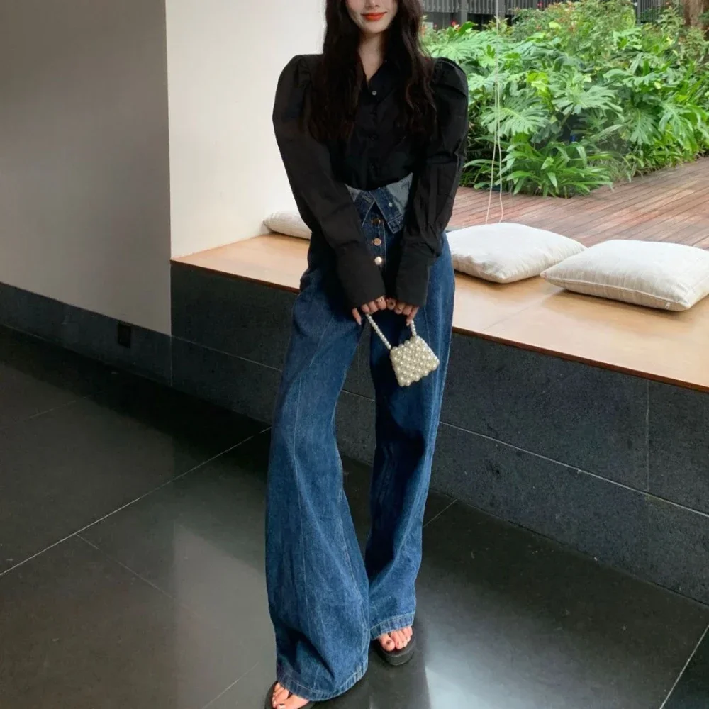 Женские джинсы с карманами синие прямые брюки высокой талией