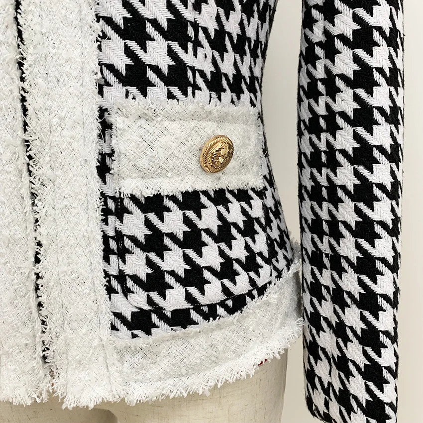 HIGH QUALITY Newest 2023 Autumn Winter Baroque Designer Women's Color Block Zip Houndstooth Fringed Tweed Jacket OverCoat
