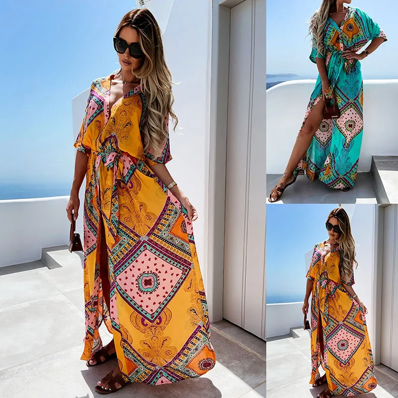 

Женское длинное платье-кардиган Boho, элегантное вечернее платье миди с v-образным вырезом и поясом на талии, осень 2022