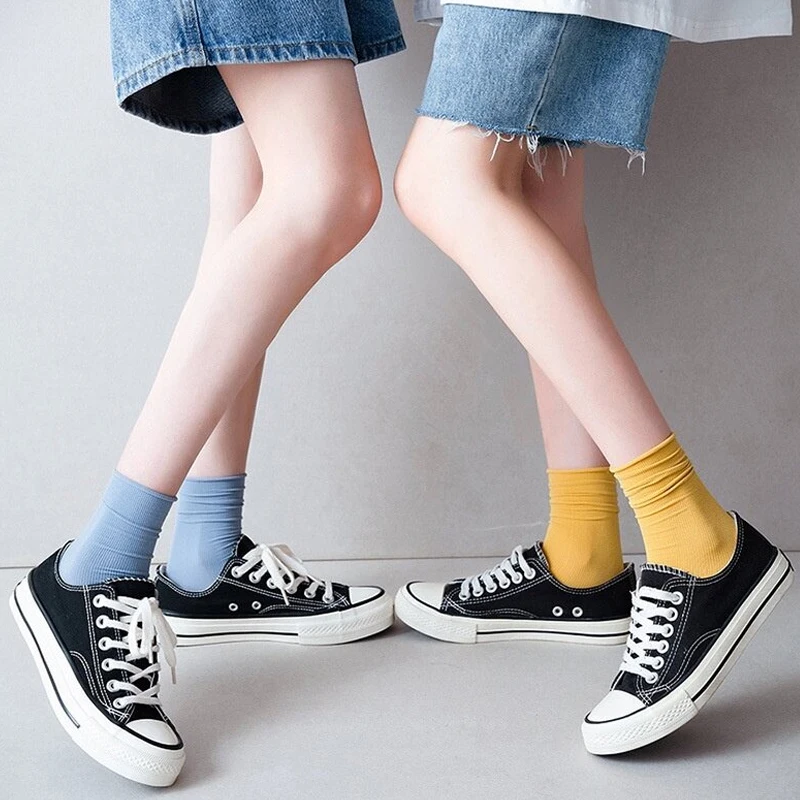 3Pairs/set Summer Loose Ice Thin Socks for Women Fashion Solid Color Soft Breathable Japanese College Style Nylon Calf Tube Sock