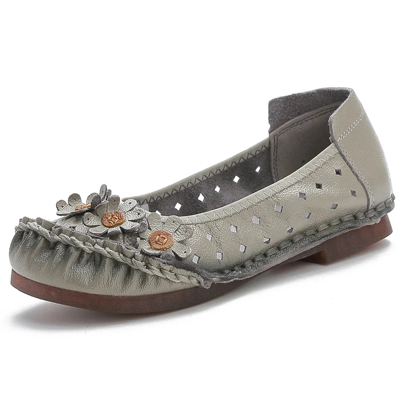 Leather hole shoes women retro soft bottom lace-up flat bottom low cut hollow shoes summer  breathable women's sandals 6 Color